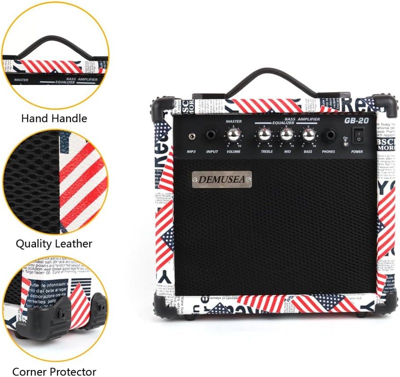 demusea 20W Watt Electric Bass Guitar Amplifier Portable Travel Mini Practic Amp Headphone Jack Aux Treble Middle Bass Flag Mp3 with Cable Adapter Guitar Picks in - Image 2